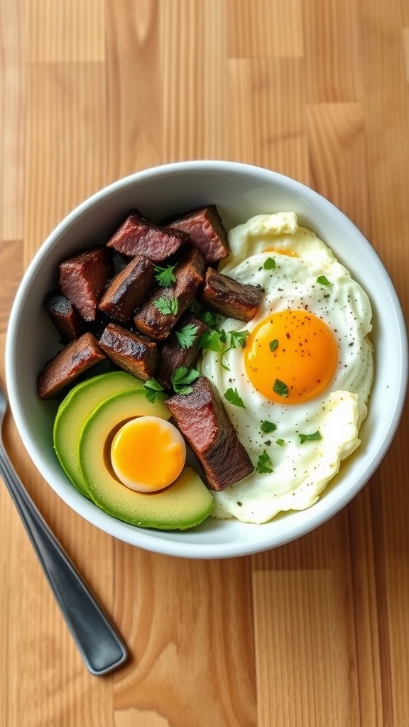 A breakfast bowl with steak, eggs, and avocado on a wooden table.